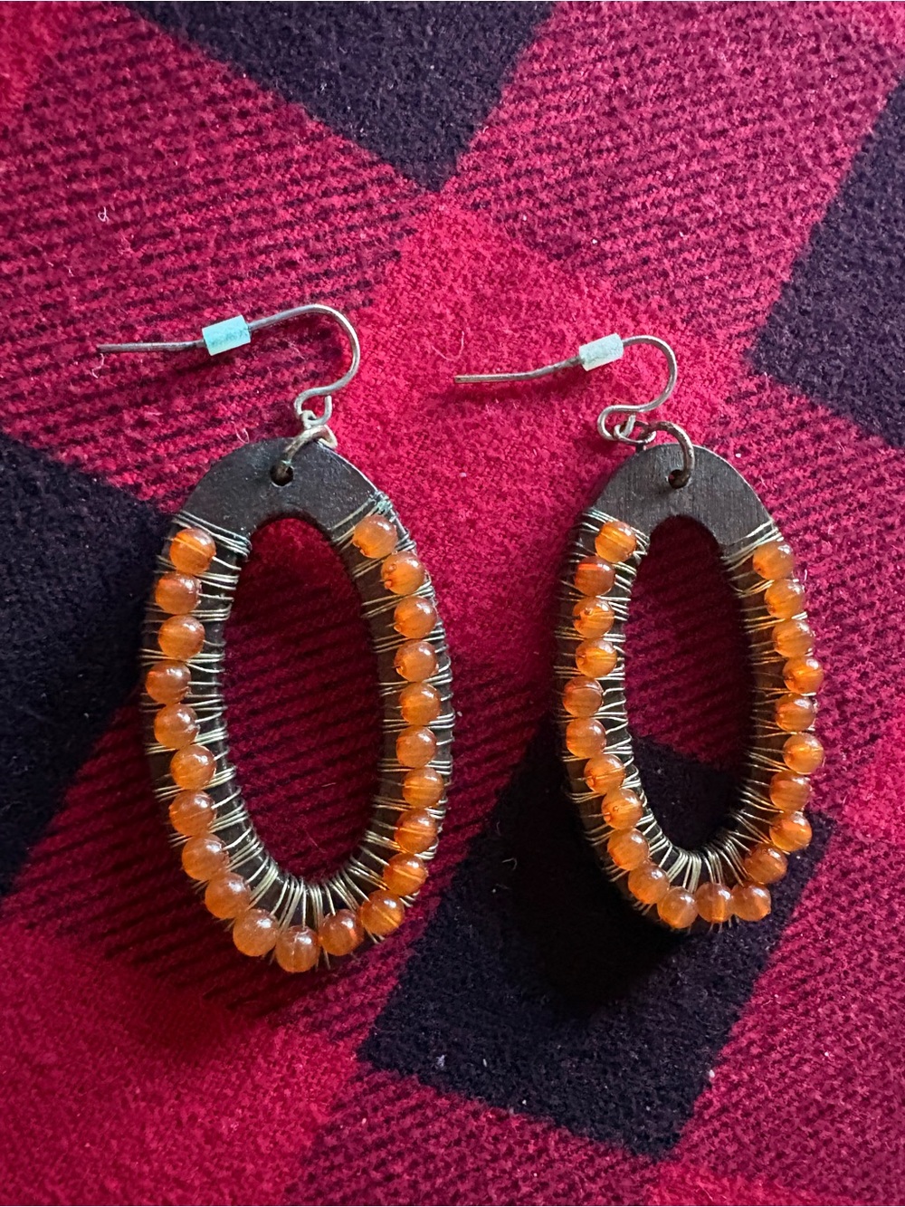 Handcrafted Orange Bead Wood Oval Drop Earrings